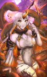 Rule 34 | 1girl, absurdres, blonde hair, breasts, cleavage, cleavage cutout, clothing cutout, fire emblem, fire emblem heroes, gullveig (fire emblem), highres, large breasts, looking at viewer, multicolored hair, navel, nintendo, oni horn, pale skin, ryushivampire, serious, snake, solo, space, tagme, white hair, wide hips, yellow eyes