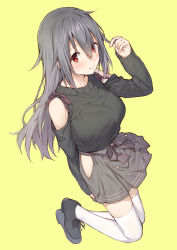 Rule 34 | 1girl, bare shoulders, clothing cutout, commentary, full body, grey hair, hair between eyes, highres, hip vent, kneeling, long hair, looking at viewer, md5 mismatch, mikazuchi zeus, orange eyes, original, resolution mismatch, shoulder cutout, simple background, skirt, solo, source smaller, sweater, thighhighs, white thighhighs, yellow background