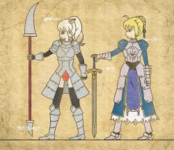 Rule 34 | 10s, 2girls, 7kita, ahoge, animal ears, arm at side, armor, armored boots, armored dress, artoria pendragon (all), artoria pendragon (fate), black eyes, black legwear, blonde hair, blue ribbon, boots, braid, breasts, brown background, clenched hand, crack, crossover, drill hair, egyptian art, fate/stay night, fate (series), from side, full body, gauntlets, hair bun, hair ribbon, hand on hilt, high ponytail, highres, holding, holding staff, holding weapon, horns, kemono friends, kita (7kita), knight, legs apart, long hair, long sleeves, medium breasts, multiple girls, profile, puffy long sleeves, puffy sleeves, rhinoceros ears, ribbon, saber (fate), single hair bun, staff, sword, thighhighs, weapon, white rhinoceros (kemono friends)