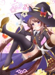 Rule 34 | 1girl, animal ears, blush, boots, broom, broom riding, brown hair, commentary request, gloves, grin, halloween, hat, highres, horse ears, horse girl, horse tail, leg up, long hair, miso bon, purple eyes, purple hair, smile, solo, sweep tosho (umamusume), tail, thigh boots, thighhighs, twintails, umamusume, v, witch hat