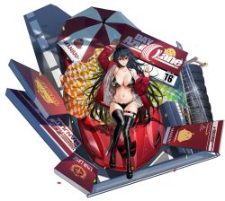 Rule 34 | 1girl, alternate costume, azur lane, bikini, black bikini, black hair, black thighhighs, boots, breasts, car, character name, cleavage, copyright name, full body, highres, jacket, large breasts, long hair, lying, motor vehicle, multi-strapped bikini bottom, navel, official alternate costume, on back, race queen, race vehicle, racecar, ratto7r, red eyes, red jacket, skindentation, swimsuit, taihou (azur lane), taihou (enraptured companion) (azur lane), thigh boots, thighhighs, tire, umbrella, white background