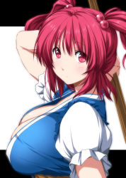 Rule 34 | 1girl, arm up, blue vest, blush, breasts, cleavage, closed mouth, expressionless, hair bobbles, hair ornament, highres, holding, large breasts, letterboxed, long hair, looking at viewer, looking to the side, nori tamago, onozuka komachi, puffy short sleeves, puffy sleeves, red eyes, red hair, shiny skin, short sleeves, simple background, solo, tareme, touhou, two side up, upper body, vest, white background