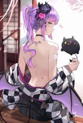 Rule 34 | 1girl, absurdres, back, bibi (tokoyami towa), demon girl, demon tail, demon wings, green eyes, hair ornament, highres, hololive, kkato, long hair, looking at viewer, looking back, low wings, multicolored hair, official alternate costume, piercing, pink hair, ponytail, purple hair, sitting, solo, tail, tail ornament, tail piercing, tokoyami towa, tokoyami towa (new year), virtual youtuber, wings