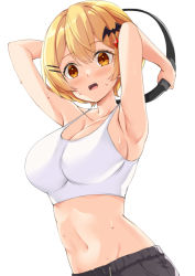 Rule 34 | 1girl, alternate costume, armpits, arms up, bat hair ornament, black shorts, blonde hair, blush, bra, breasts, cleavage, commentary, fangs, hair ornament, hairclip, hololive, kosuke (bb), large breasts, looking at viewer, navel, open mouth, orange eyes, ring-con, ring fit adventure, short hair, shorts, simple background, sleeveless, solo, sports bra, stomach, sweat, sweatdrop, underwear, upper body, virtual youtuber, white background, white bra, yozora mel
