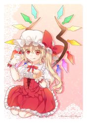 Rule 34 | 1girl, akayan, arm warmers, blonde hair, bow, cake, commentary request, corset, crumbs, flandre scarlet, food, food on face, frilled skirt, frills, hat, juliet sleeves, licking lips, long sleeves, mob cap, multicolored wings, pink background, puffy sleeves, red eyes, side ponytail, skirt, tongue, tongue out, touhou, wings, wrist cuffs