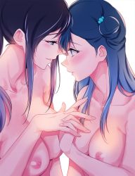 Rule 34 | 10s, 2girls, age difference, blue eyes, blue hair, blush, breasts, closed mouth, collarbone, eye contact, hair bun, hugtto! precure, interlocked fingers, large breasts, long hair, looking at another, medium breasts, multiple girls, negom, nipples, nude, precure, purple hair, simple background, single hair bun, smile, upper body, white background, yakushiji saaya, yuri