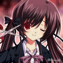Rule 34 | 1girl, black bow, black jacket, black ribbon, bow, brown hair, closed mouth, collared shirt, commentary, hair bow, hair ribbon, hajang68, hand up, holding, holding scissors, jacket, long hair, looking at viewer, loose neck ribbon, one eye closed, original, pixelated, red eyes, ribbon, scissors, shirt, solo, symbol-only commentary, twintails, twitter username, upper body, white shirt