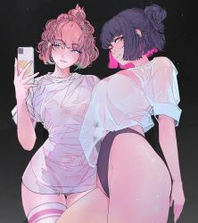 Rule 34 | 2girls, blue eyes, blush, breasts, cellphone, closed mouth, commentary, elliemaplefox, english commentary, from side, grey background, grey hair, grey panties, highres, holding, holding phone, lips, looking at viewer, medium hair, mole, mole under mouth, multiple girls, original, panties, phone, pink hair, see-through, shirt, short sleeves, simple background, smartphone, smile, standing, sweat, thighhighs, underwear, white shirt, yellow eyes