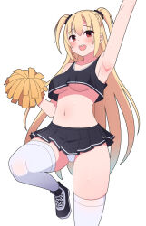 Rule 34 | 1girl, alternate costume, arihara nanami, arm up, armpits, black footwear, black scrunchie, black skirt, blonde hair, blush, breasts, cheerleader, commentary, cross-laced footwear, curvy, eyes visible through hair, foot out of frame, hair between eyes, hair ornament, hair scrunchie, hand up, highres, knee up, long hair, looking at viewer, medium breasts, miniskirt, navel, open mouth, panties, panty peek, pleated skirt, pom pom (cheerleading), red eyes, riddle joker, round teeth, scrunchie, shoes, simple background, skindentation, skirt, smile, sneakers, solo, sports bra, standing, standing on one leg, stomach, straight hair, sweat, symbol-only commentary, teeth, thighhighs, thighs, two side up, underboob, underwear, upper teeth only, very long hair, white background, white panties, white thighhighs, zettai ryouiki, zlmh7okwwbmghfo