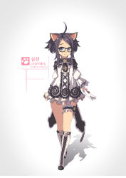 Rule 34 | 1girl, ahoge, animal ears, black hair, blue eyes, boots, cat ears, cross-laced footwear, dress, elin, full body, glasses, gloves, knee boots, lace-up boots, long hair, s.rain, shadow, short dress, smile, solo, tail, tera online, thigh gap, twintails, two side up, walking, white background, white dress