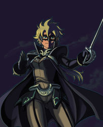 Rule 34 | 00s, 1girl, black bodysuit, blonde hair, bodysuit, bowieknife, breasts, cape, dark, domino mask, epee, green eyes, large breasts, mask, my-otome, rapier, sara gallagher, solo, sword, weapon
