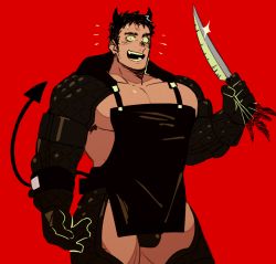 Rule 34 | 1boy, aikawa (dorohedoro), apron, bad id, bad twitter id, bikini briefs, black apron, black hair, chaps, commentary, cosplay, cowboy shot, demon tail, dorohedoro, english commentary, fangs, hood, horns, knife, looking at viewer, male focus, male underwear, muscular, nikaidou (dorohedoro), nikaidou (dorohedoro) (cosplay), open mouth, pectorals, red background, red eyes, saturday (hokawazu), shrug (clothing), simple background, smile, solo, tail, underwear