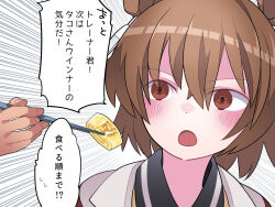 1girl 1other :o agnes_tachyon_(umamusume) black_shirt blush brown_eyes brown_hair chopsticks collared_shirt commentary_request emphasis_lines food grey_background hair_between_eyes hammer_(sunset_beach) highres holding holding_chopsticks horse_girl long_bangs looking_at_another looking_to_the_side omelet open_mouth shirt short_hair solo_focus tamagoyaki trainer_(umamusume) translation_request umamusume