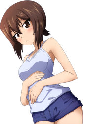Rule 34 | 1girl, absurdres, blue shirt, brown eyes, brown hair, camisole, casual, closed mouth, denim, denim shorts, dutch angle, frown, girls und panzer, hands on own stomach, highres, kanau, looking at viewer, micro shorts, nishizumi maho, shirt, short hair, shorts, simple background, solo, standing, white background