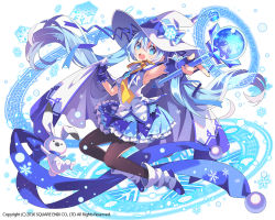 Rule 34 | 1girl, armpits, beamed quavers, bf. (sogogiching), blue eyes, blue hair, rabbit, cape, hat, hatsune miku, long hair, looking at viewer, magic circle, musical note, open mouth, outstretched arm, pantyhose, quaver, skirt, snowflakes, twintails, very long hair, vocaloid, wand, white background, witch hat, yuki miku, yukine (vocaloid)