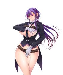 Rule 34 | 1girl, bare legs, blush, bra, breasts, butler, cameltoe, curvy, embarrassed, eyepatch, female focus, formal, gloves, highres, large breasts, lilith-soft, long hair, looking at viewer, onmyou kishi towako, panties, ponytail, purple hair, pussy juice, shiki reika, simple background, skin tight, solo, sweat, taimanin (series), taimanin asagi, taimanin asagi kessen arena, underwear, white background, yellow eyes, zol