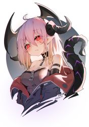 Rule 34 | 1girl, absurdres, ahoge, artist name, black jacket, blush, breasts, bright pupils, cleavage, collar, commentary, dated, dragon girl, dragon horns, dragon tail, embarrassed, frown, highres, horns, huizhiyin, jacket, looking at viewer, medium breasts, medium hair, open clothes, open jacket, original, pink hair, pointy ears, red eyes, red jacket, simple background, solo, sweat, symbol-only commentary, tail, white background, white pupils