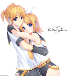 Rule 34 | 1boy, 1girl, belt, blonde hair, blue eyes, brother and sister, caidychen, chain, english text, headphones, headset, hetero, highres, hug, kagamine len, kagamine rin, midriff, short hair, short shorts, shorts, siblings, smile, twins, vocaloid