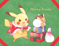 Rule 34 | :3, :d, bad id, bad pixiv id, box, christmas, clothed pokemon, creatures (company), dedenne, game freak, gen 1 pokemon, gen 6 pokemon, gift, gift bag, gift box, green background, happy, hat, clothed pokemon, looking at viewer, mei (maysroom), merry christmas, nintendo, no humans, open mouth, party hat, pikachu, pink ribbon, pokemon, pokemon (creature), ribbon, sack, santa costume, sitting, smile, standing