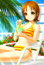 Rule 34 | 10s, 1girl, amane satsuki, bare shoulders, bikini, breasts, brown hair, chair, cleavage, drink, happinesscharge precure!, looking at viewer, lounge chair, navel, oomori yuuko, precure, short hair, sitting, smile, solo, swimsuit, yellow eyes