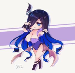 Rule 34 | 1girl, armpits, black footwear, black hair, black wrist cuffs, blue hair, breasts, broken horns, brown dust 2, chibi, cleavage, closed mouth, colored inner hair, copyright name, curly hair, demon horns, eclipse (brown dust 2), full body, groin, hair over one eye, hand in own hair, horn ornament, horn ring, horns, large breasts, leotard, long hair, looking at viewer, low wings, multicolored hair, purple leotard, ruzyeria, simple background, smile, solo, two-tone hair, very long hair, wings, wrist cuffs