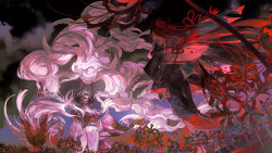 Rule 34 | 2girls, armor, arms at sides, black hair, black kimono, breasts, character request, cleavage, dutch angle, faceoff, field, floating hair, floral print, flower, flower field, from below, hair flower, hair ornament, higanbana (onmyoji), horns, japanese clothes, kimono, long hair, long sleeves, multiple girls, obi, onmyoji, overcast, red flower, sash, sky, smoke, spider lily, standing, starstruckdon, straight hair, two-sided fabric, updo, very long hair, wind, traditional youkai