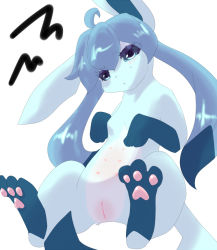 Rule 34 | 1girl, alternate color, animal hands, blue eyes, blue hair, blush, breasts, creatures (company), feet, female focus, furry, furry female, game freak, gen 4 pokemon, glaceon, long hair, looking at viewer, lying, matching hair/eyes, nintendo, nipples, on back, pawpads, pokemon, pokemon (creature), pussy, simple background, soles, solo, spread toes, tail, toes, uncensored