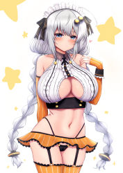 Rule 34 | 1girl, ahoge, alternate costume, arm behind back, bare shoulders, bikini, black panties, black ribbon, blue eyes, blush, braid, breasts, center frills, closed mouth, clothing cutout, collarbone, commentary request, cowboy shot, crop top, detached sleeves, enmaided, frills, garter straps, hair ornament, hair ribbon, hand up, heart, highres, kizuna akari, large breasts, long hair, looking at viewer, maid, maid bikini, maid headdress, microskirt, navel, orange skirt, orange sleeves, orange thighhighs, panties, revealing clothes, ribbon, shirt, sho (wnmf3234), sidelocks, silver hair, skirt, sleeveless, sleeveless shirt, solo, standing, star (symbol), starry background, stomach, striped clothes, striped thighhighs, swimsuit, thighhighs, twin braids, unconventional maid, underboob, underboob cutout, underwear, vertical-striped clothes, vertical-striped thighhighs, very long hair, voiceroid, white background, white shirt, wrist cuffs