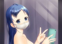 Rule 34 | 1girl, bare shoulders, blue hair, cellphone, kantai collection, mae (maesanpicture), mask, nude, phone, samidare (kancolle), solo