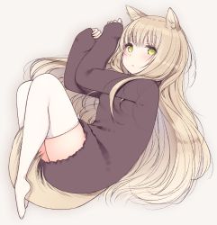 Rule 34 | 1girl, :&lt;, animal ears, blush, cat ears, cat tail, commentary request, fetal position, full body, green eyes, grey background, highres, legs together, long hair, long sleeves, lying, nekoume, no shoes, on side, original, plantar flexion, purple sweater, sleeves past wrists, solo, sweater, tail, thighhighs, white thighhighs