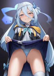 Rule 34 | 1girl, absurdres, bandages, blue hair, blue panties, blue skirt, blush, breasts, clothes lift, commentary request, commission, grey eyes, hair between eyes, hair ornament, henria, highres, hitodama, long hair, long sleeves, looking at viewer, panties, skeb commission, skirt, skirt lift, smile, solo, suzutuki sui, underwear, varium, virtual youtuber