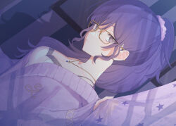 Rule 34 | 1girl, asahina mafuyu, breasts, camisole, cardigan, cleavage, closed mouth, curtain grab, curtains, dutch angle, glasses, hair ornament, hair scrunchie, highres, indoors, jewelry, long hair, looking at viewer, pendant, ponytail, potato (potato 621), project sekai, purple eyes, purple hair, scrunchie, shadow, shirt, small breasts, solo, upper body, white shirt
