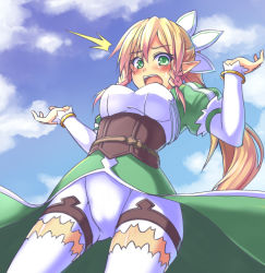 Rule 34 | 10s, 1girl, ^^^, bad id, bad pixiv id, blonde hair, blush, braid, cloud, day, elf, green eyes, leafa, long hair, looking at viewer, open mouth, oukawa yuu, pointy ears, ponytail, side braid, sky, solo, sword art online, thighhighs, twin braids, white thighhighs