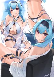 Rule 34 | 1girl, bangle, bare shoulders, bikini, blue hair, blush, bottle, bracelet, breasts, chair, cleavage, cliov, close-up, drink, eula (genshin impact), genshin impact, half-closed eyes, highres, jewelry, large breasts, leaning forward, looking at viewer, navel, off shoulder, pouring, pouring onto self, sitting, smile, stomach, swimsuit, thighs, wakamezake, water, water bottle, wet, white bikini