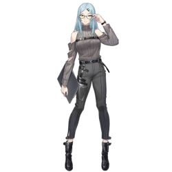 Rule 34 | 1girl, adjusting eyewear, artist request, belt, black-framed eyewear, black belt, black footwear, blue hair, boots, breasts, chest belt, clipboard, closed mouth, detached sleeves, full body, girls&#039; frontline, glasses, green eyes, grey pants, grey sweater, hair ornament, hairclip, high-waist pants, holding, holding clipboard, light blue hair, long hair, long sleeves, looking at viewer, medium breasts, nele (girls&#039; frontline), official art, pants, semi-rimless eyewear, sidelocks, simple background, sleeveless, sleeveless sweater, smile, solo, standing, sweater, transparent background, turtleneck, turtleneck sweater, watch, wristwatch