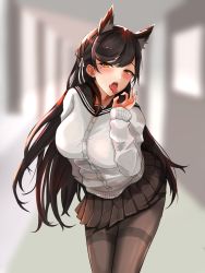Rule 34 | 1girl, animal ears, arm behind back, atago (azur lane), atago (school traumerei) (azur lane), azur lane, black pantyhose, black skirt, blush, breasts, brown eyes, brown hair, cardigan, fellatio gesture, hair ribbon, hand on back, highres, large breasts, long hair, looking at viewer, mole, mole under eye, open mouth, pantyhose, ribbon, school uniform, shusiki, simple background, skirt, solo, tongue, tongue out, white cardigan