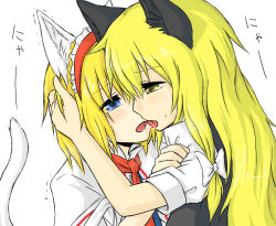 Rule 34 | 2girls, after kiss, alice margatroid, animal ears, blonde hair, blue eyes, blush, capelet, cat ears, cat girl, cat tail, eye contact, female focus, hairband, hand on another&#039;s head, hand on another&#039;s shoulder, hug, kemonomimi mode, kirisame marisa, kiss, long hair, looking at another, lowres, multiple girls, open mouth, ribbon, saliva, saliva trail, short hair, simple background, sweat, tail, tongue, touhou, white background, yellow eyes, yomegane, yuri