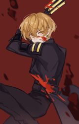 Rule 34 | 1boy, absurdres, bishounen, blonde hair, blood, blood on clothes, blood on face, blood splatter, ebf7l, formal, highres, limbus company, mace, male focus, project moon, short hair, sinclair (project moon), solo, suit, weapon