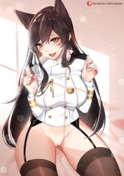 Rule 34 | 1girl, animal ears, atago (azur lane), azur lane, bear pin, blush, breasts, brown hair, cleft of venus, commentary, extra ears, garter straps, hands up, large breasts, military, military uniform, mole, mole under eye, no pants, open mouth, pussy, ribbon, sitting, smile, solo, swept bangs, thighhighs, tofuubear, tongue, uncensored, uniform, white ribbon, yellow eyes