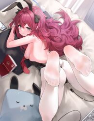 Rule 34 | 1girl, absurdres, animal ears, ass, back, bed sheet, black leotard, blue archive, book, breasts, cellphone, coqua, fake animal ears, fake tail, feet, feet up, from above, grey eyes, grin, halo, highres, iroha (blue archive), leotard, long hair, looking at viewer, looking up, lying, medium breasts, necktie, no shoes, on stomach, open book, pantyhose, phone, pillow, playboy bunny, rabbit ears, rabbit tail, red hair, red necktie, smartphone, smile, soles, solo, tail, white pantyhose