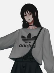 Rule 34 | 1girl, absurdres, adidas, arm up, black hair, black neckwear, buttons, choker, cigarette, eyebrows, green pants, grey shirt, highres, huge filesize, lips, looking at viewer, neckwear request, original, overalls, pants, shirt, simple background, smoking, white background, zaki (zaki btw)