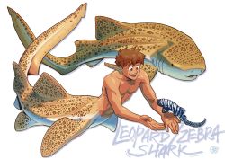 Rule 34 | 1boy, animal, artist name, body markings, brown eyes, brown hair, carpet shark, colored skin, commentary, dorsal fin, english commentary, english text, fins, full body, gills, hands up, head fins, highres, looking at animal, male focus, merman, mondoart, monster boy, multicolored skin, open mouth, original, pointy ears, reaching, shark, shark boy, short hair, simple background, solo, very short hair, watermark, white background, white skin, yellow skin
