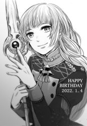 Rule 34 | 1girl, commentary request, dated, fire emblem, fire emblem: three houses, garreg mach monastery uniform, greyscale, hand up, highres, holding, holding polearm, holding weapon, ingrid brandl galatea, jacket, juliet sleeves, long hair, long sleeves, looking at viewer, luin (fire emblem), monochrome, nintendo, polearm, puffy sleeves, smile, solo, spear, upper body, weapon, yamagoya (yama5ya)