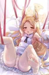 Rule 34 | 1girl, absurdres, animal ears, bare shoulders, blonde hair, blue archive, fox ears, halo, highres, ice laozei, looking at viewer, panties, pantyhose, seia (blue archive), solo, underwear, white panties, white pantyhose, yellow eyes