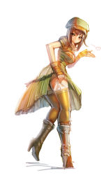 Rule 34 | 1girl, boots, bow (bhp), brown eyes, brown hair, cabbie hat, cleavage cutout, clothing cutout, dress, fingerless gloves, full body, gloves, hat, heart, high heel boots, high heels, highres, knee boots, looking at viewer, original, smile, solo, standing, standing on one leg, thighhighs, thighhighs pull, white background