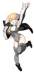 Rule 34 | 10s, 1girl, :d, adapted costume, animal ears, blush, boots, commentary request, cosplay, drawstring, emperor penguin (kemono friends), emperor penguin (kemono friends) (cosplay), grey hair, highres, hood, hoodie, jumping, kemono friends, leotard, multicolored hair, open mouth, otter ears, short hair, small-clawed otter (kemono friends), smile, solo, thighhighs, wagiyabosa jirou, white hair