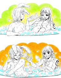 Rule 34 | 2girls, animal ears, barefoot, bath, bathing, bathtub, blush, breasts, bubble, bubble bath, rabbit ears, rabbit tail, carrot (one piece), closed eyes, foam, full body, head rest, long hair, looking at another, multiple girls, nami (one piece), navel, nude, one piece, open mouth, partially submerged, short hair, sitting, smile, tail, water
