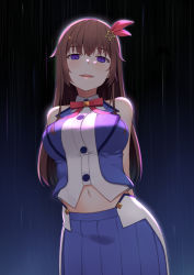 Rule 34 | 1girl, arms behind back, blouse, blue eyes, blue skirt, blue vest, breasts, brown hair, collared shirt, cowboy shot, cropped shirt, cropped vest, empty eyes, from below, hair flaps, hair ornament, hazuki (115483948), highres, hololive, large breasts, long hair, looking down, midriff, navel, red ribbon, ribbon, shirt, simple background, skirt, sleeveless, solo, standing, star (symbol), star hair ornament, tokino sora, tokino sora (1st costume), vest, virtual youtuber, waist cape, white shirt
