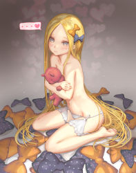 Rule 34 | ..., 1girl, abigail williams (fate), barefoot, bikini, black bow, blonde hair, blue eyes, blush, bow, commentary request, fate/grand order, fate (series), feet, forehead, full body, grey background, hair bow, heart, highres, holding, holding stuffed toy, hugging doll, hugging object, long hair, looking at viewer, navel, orange bow, pandarou, panties, parted bangs, polka dot, polka dot bow, sitting, soles, solo, spoken ellipsis, spoken heart, string bikini, stuffed animal, stuffed toy, swimsuit, teddy bear, topless, underwear, underwear only, very long hair, wariza, white bikini, white panties