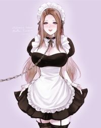Rule 34 | 1girl, absurdres, apron, black dress, black thighhighs, blush, breasts, brown hair, chain, chain leash, cleavage, collar, curtsey, dated, dress, english text, final fantasy, final fantasy xiv, frilled dress, frills, garter straps, highres, juliet sleeves, large breasts, leash, light smile, long hair, long sleeves, looking at viewer, maid, maid apron, maid headdress, nvalkyrja, parted lips, puffy sleeves, purple eyes, simple background, skirt hold, solo, teeth, thighhighs, viewer holding leash, warrior of light (ff14)